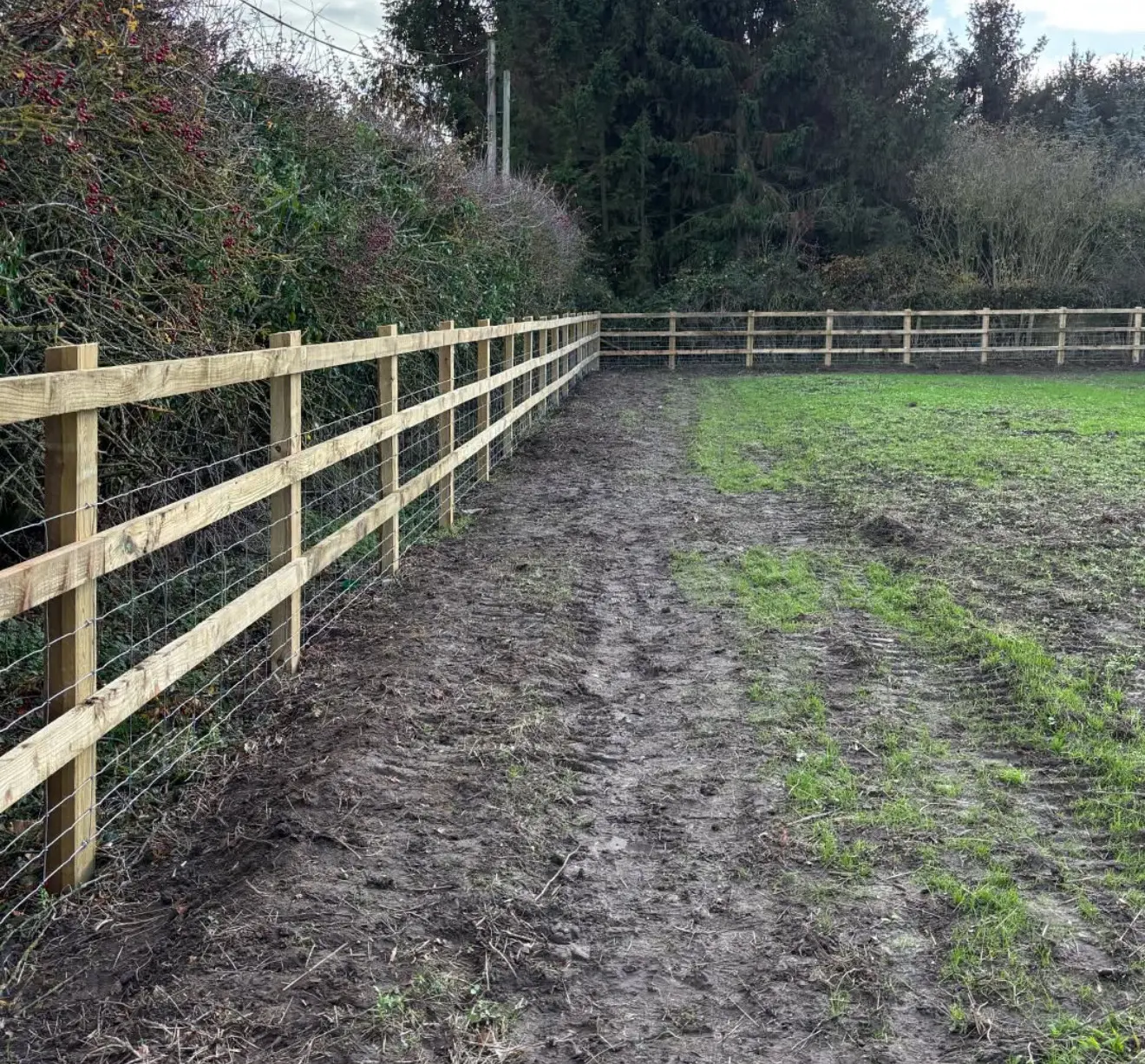 Agricultural post and rail fencing beside a field