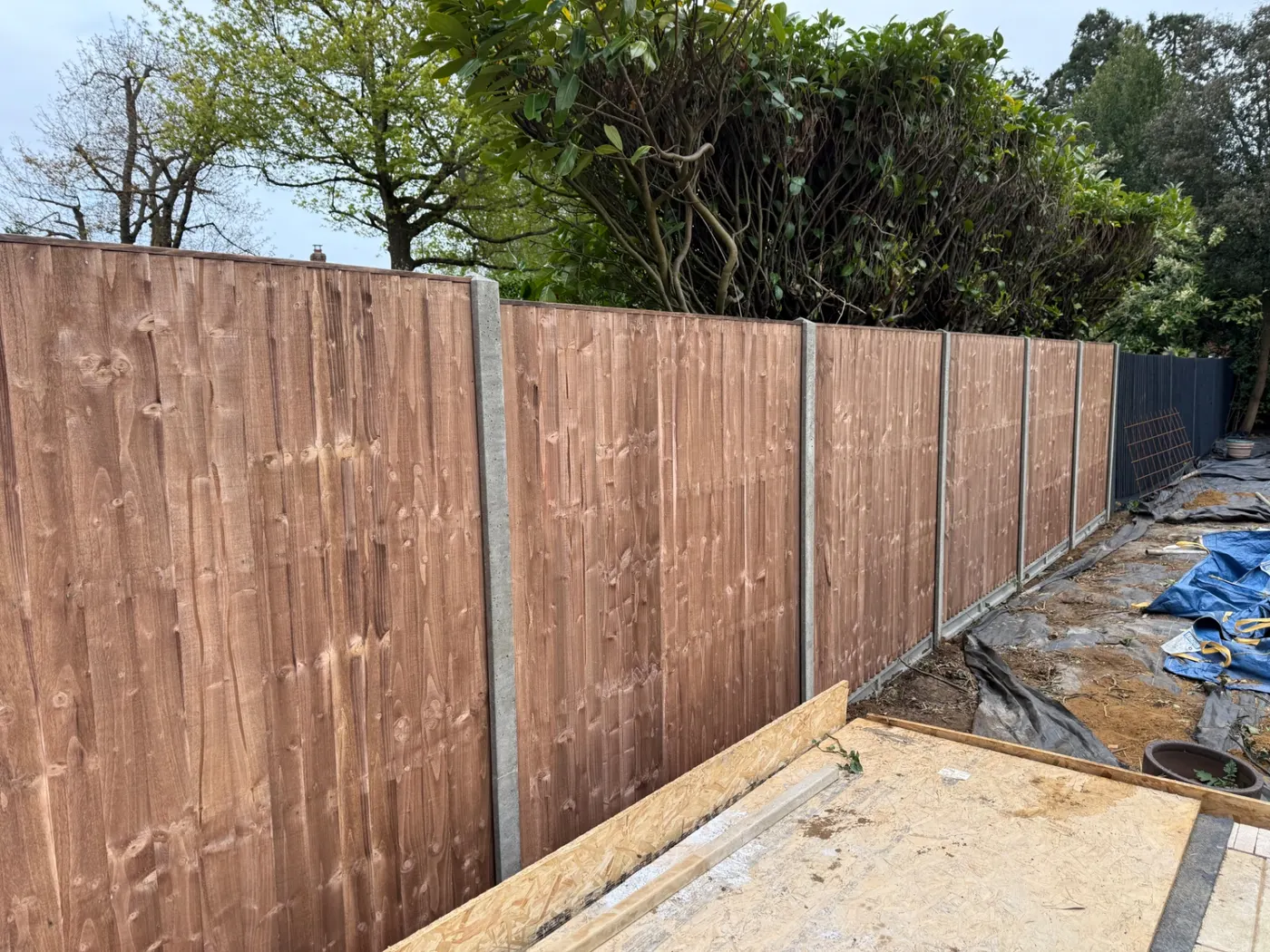 Brown stained feather edge fencing with concrete posts
